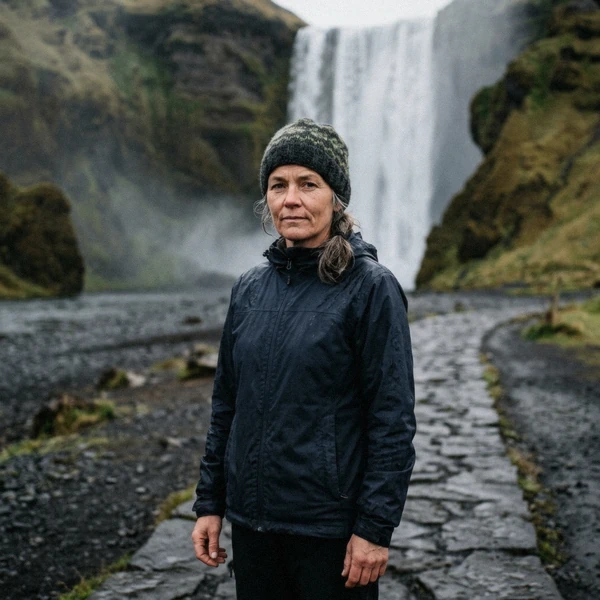 Sigrún Halldórsdóttir, guide from Ísafjörður, standing on the path below Dynjandi waterfall in the Westfjords of Iceland