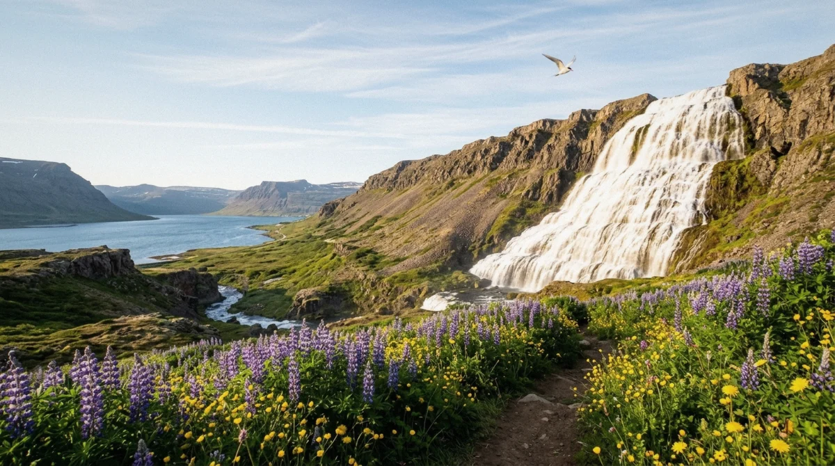 Dynjandi waterfall in full summer flow above Arnarfjörður in the Westfjords of Iceland, showing the fuller water that marks the best time to visit Dynjandi waterfall