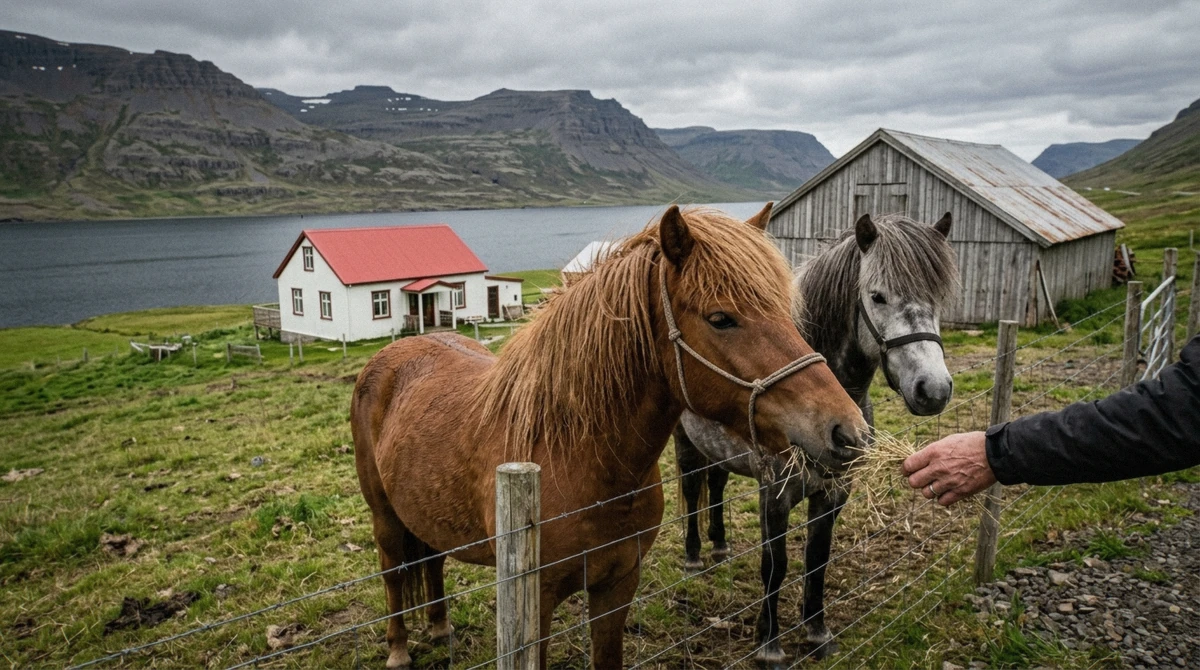 Icelandic horses at a fence beside a working farm in the Westfjords, the countryside stop on the Dynjandi waterfall farm tour from Ísafjörður, Iceland