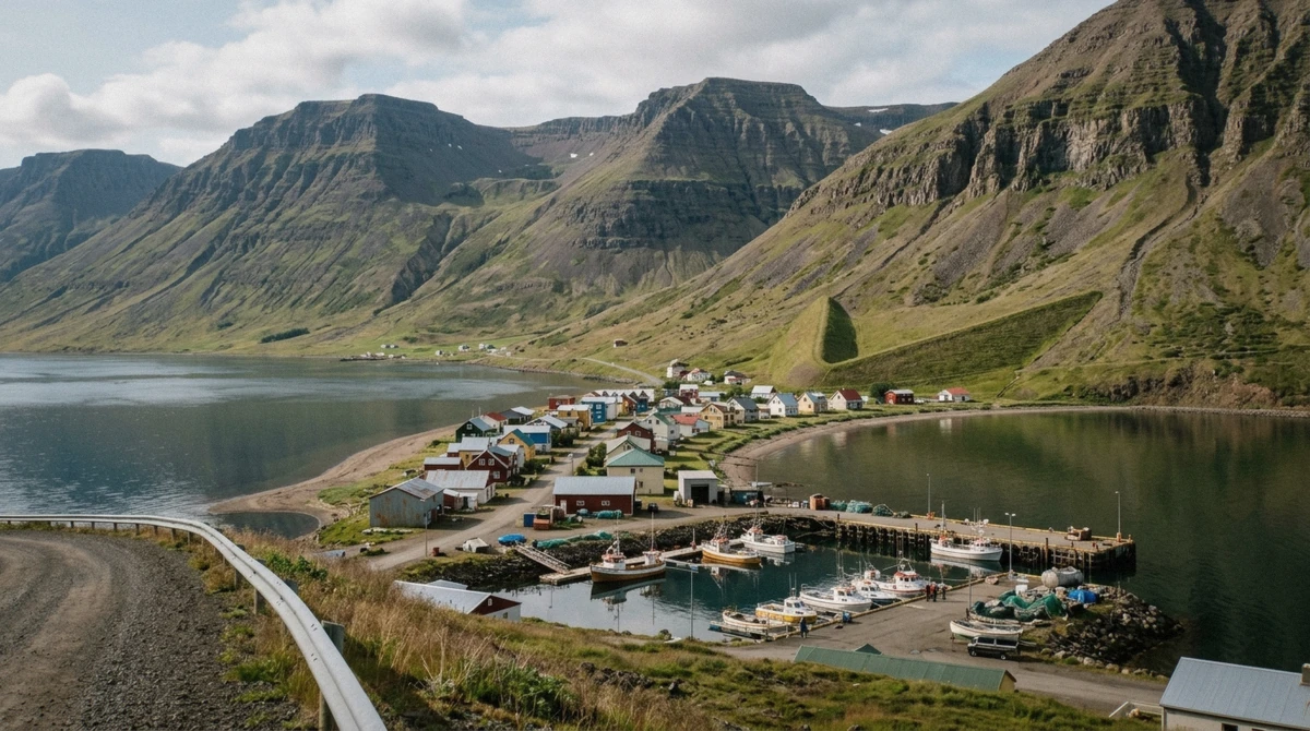 The village of Flateyri on its sand spit in Önundarfjörður with the avalanche barrier on the slope above, visited on the Dynjandi waterfall and Flateyri tour from Ísafjörður, Iceland