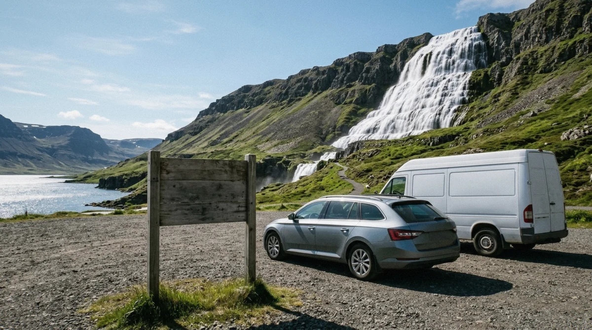Gravel stretch of Road 60 leading to the Dynjandi waterfall car park in the Westfjords of Iceland, the final approach drivers take to reach the falls