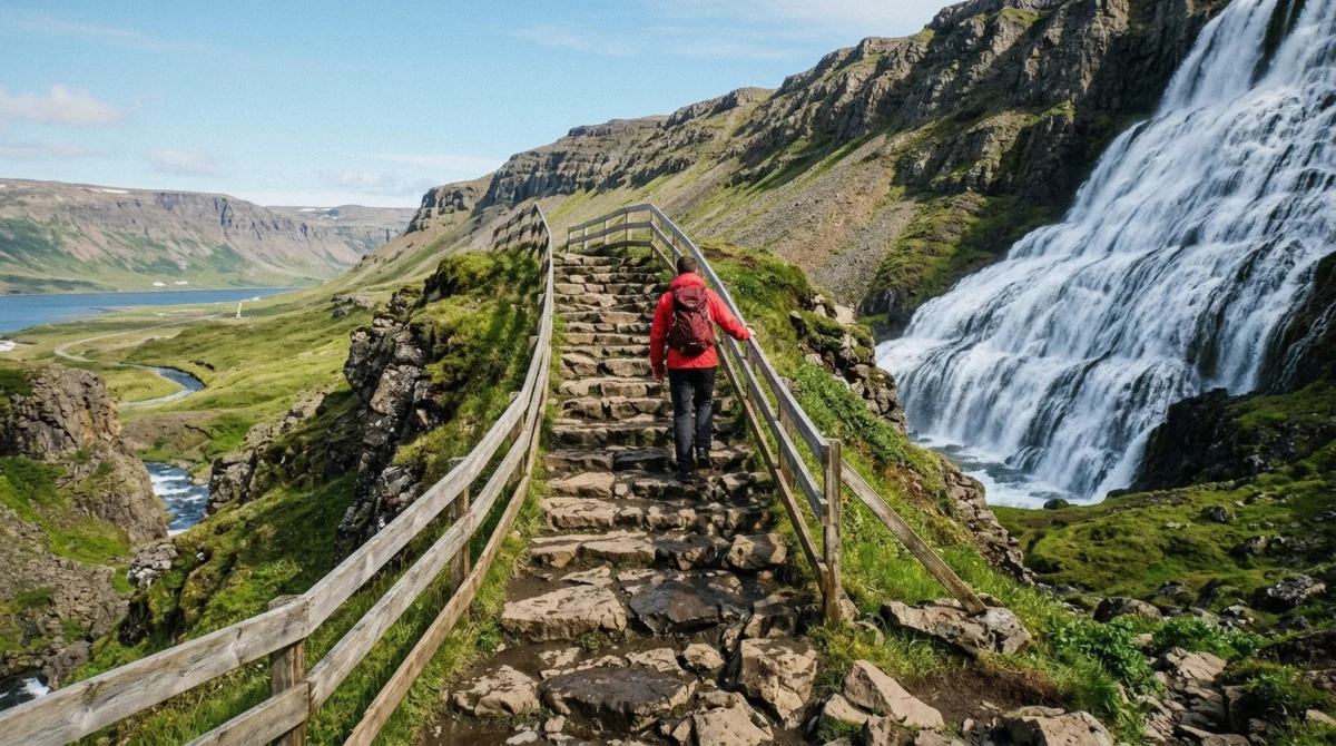 Hiker climbing the stone footpath beside Dynjandi waterfall in the Icelandic Westfjords, on the trail covered in this Dynjandi waterfall hike guide