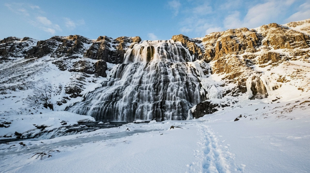 Dynjandi waterfall running through ice and snow in winter in the Icelandic Westfjords, the falls covered in this Dynjandi waterfall in winter guide