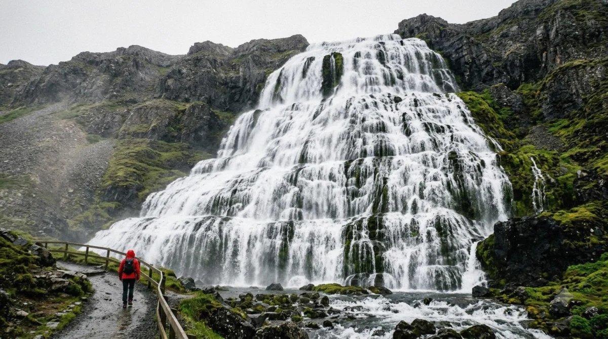 White water spreading across stepped black basalt ledges on the main drop of Dynjandi waterfall above Arnarfjörður in the Westfjords of Iceland
