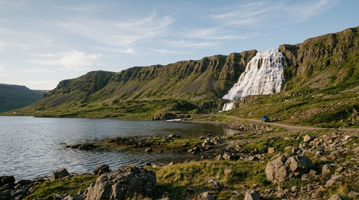 Dynjandi waterfall fanning down the mountainside above the head of Arnarfjörður seen from Road 60 in the Westfjords of Iceland