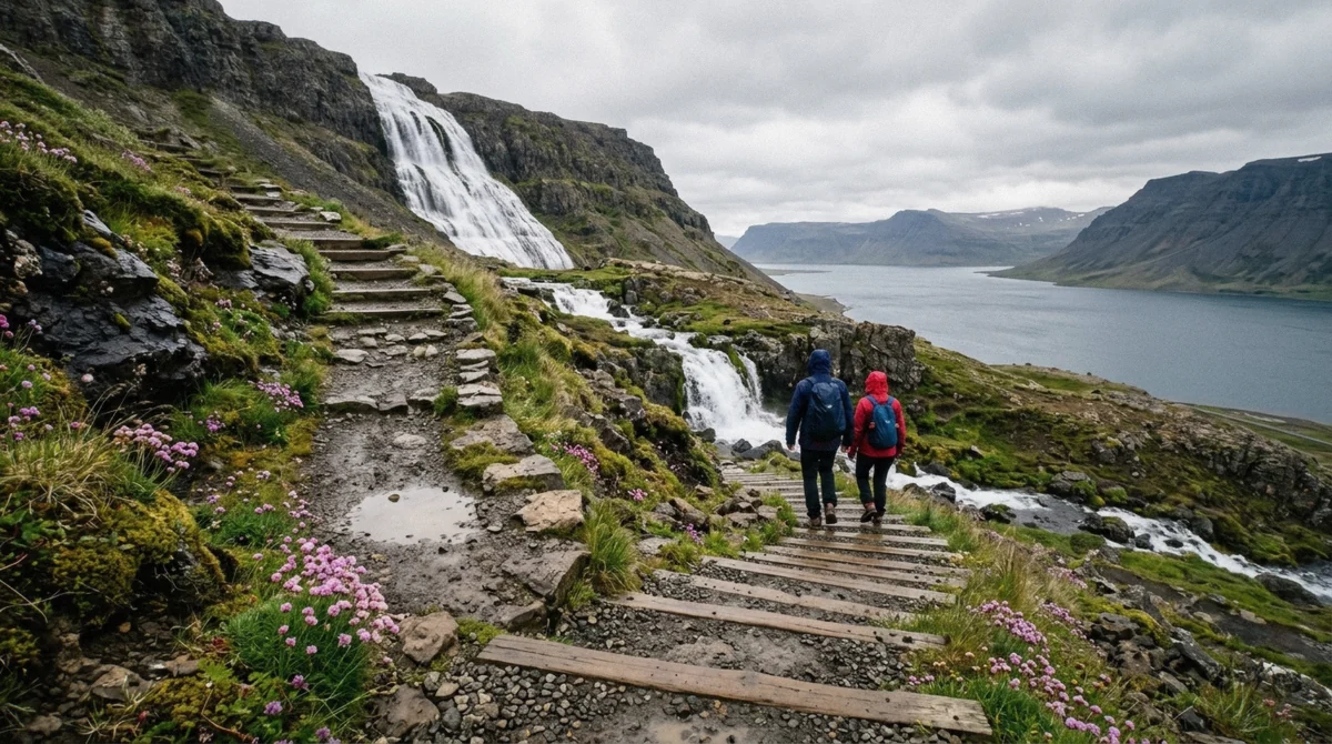 The gravel and stone path climbing past the smaller falls on the way to Dynjandi waterfall above Arnarfjörður in the Westfjords of Iceland