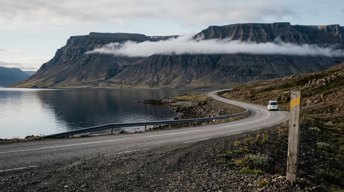 Road 60 curving along the shore of Arnarfjörður under flat-topped mountains on the drive to Dynjandi waterfall in the Westfjords, Iceland